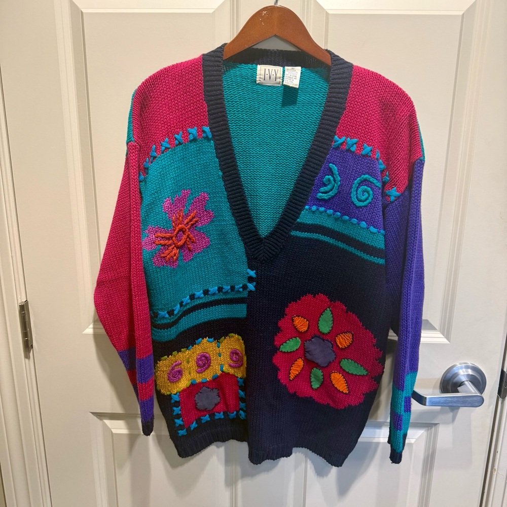 Vtg IVY Floral Abstract Granny Chic Cottagecore Colorful Pullover Sweater Small